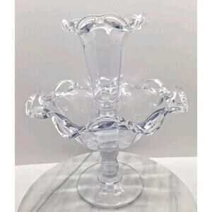 Vintage Imperial Glass Crocheted Open Lace Ruffled Epergne Vase and Bowl 12 Inch